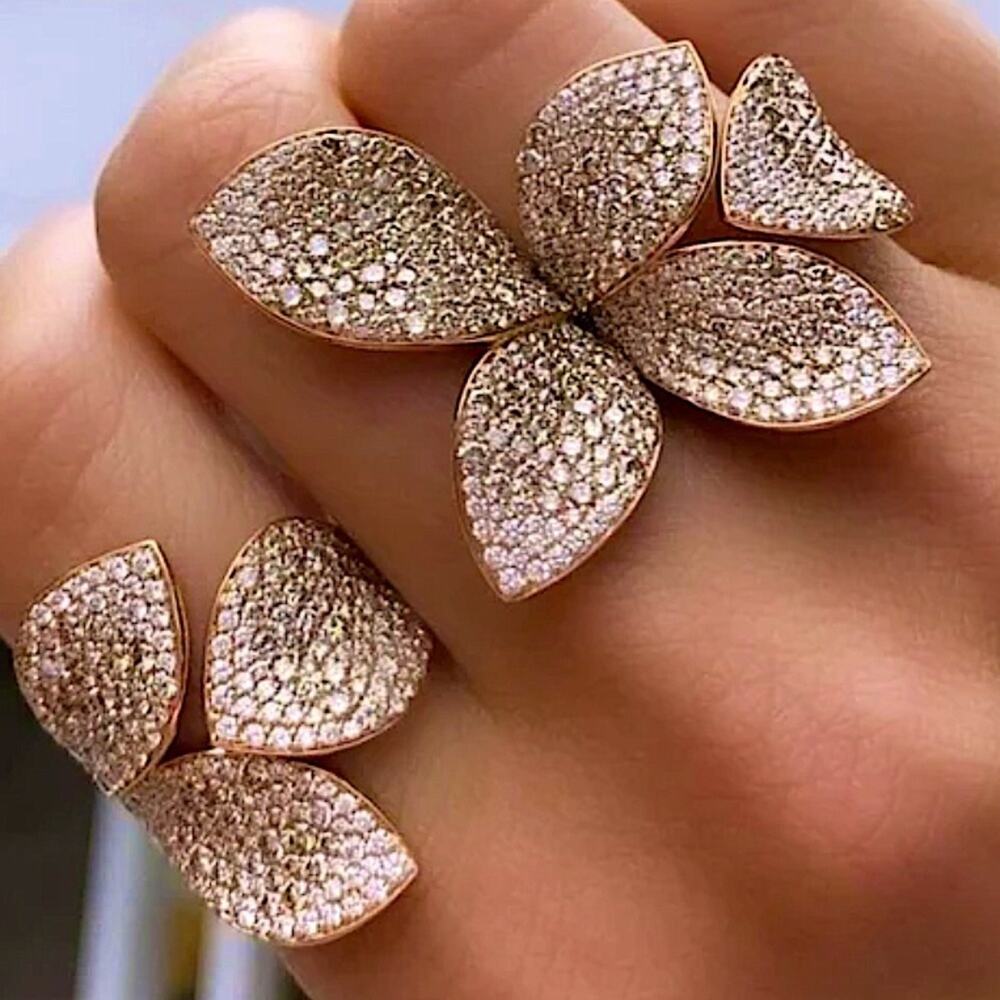 Gold Four Leaf Clover Zircon Ring Two Piece Set